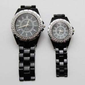   Crystal Gemstone Enamel Ceramic Style Watch Mens Ladys Size L/S Black