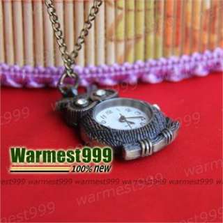   Vintage Crystal Owl Quartz Pocket Watch Pendant Necklace HB066  