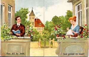 M1506 NOVELTY UNFOLD POSTCARD NEIGHBOURS LOVERS  