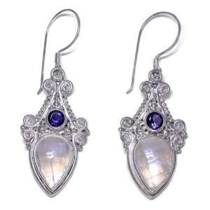   Silver, Rainbow Moonstone and Iolite Dangle Earrings by Sajen Jewelry