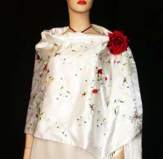   Silk Satin Wrap Opera Shawl Scarf White Multi Floral Maya New  