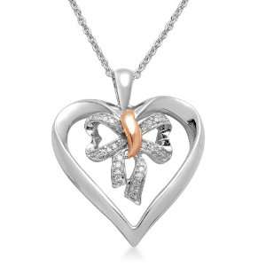 10K Rose Gold and Silver Diamond Bow in Heart Pendant (0.07 cttw, I J 
