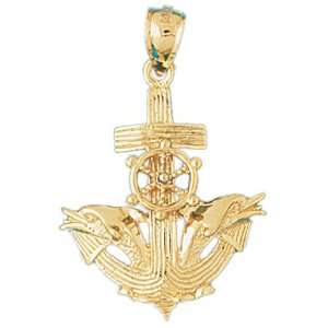   Gold Anchor With Dolphins And Moveable Ship Wheel Pendant Jewelry