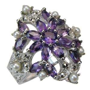 Amethyst Angel Bloom Silver Natural Seed Pearl Ring (Size 7)   Dahlia 
