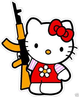 HELLO KITTY WITH AK 47 DECAL STICKER 10x12  