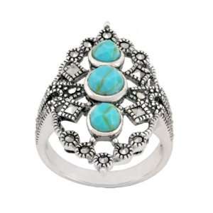 Sterling Silver Marcasite and Synthetic Turquoise Open Work Ring, Size 