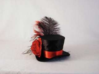 Black Velour with Red Satin Feathers Burlesque Top Hat  
