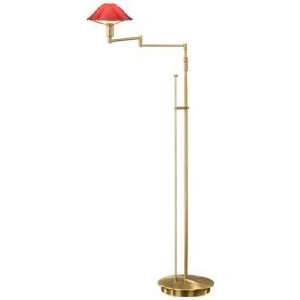  Antique Brass and Magma Red Swing Arm Holtkoetter Floor Lamp 