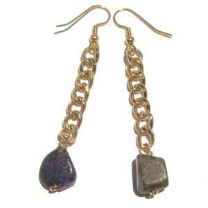  Lapis Earrings 11 Crystal Blue Gold Chain Steel Pyrite Stone 