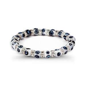  Silver Tone White Blue Center Glass Beads CZ Bracelet 