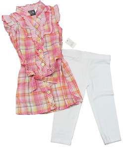 POGO CLUB Pink Plaid Button Down Shirt & White Leggings Set Girls M 5 