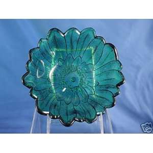  50s Embossed Green Glass Peony Flower Candy Bowl 