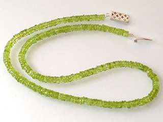 124cts GREEN PERIDOT 5mm TIRE SHAPE BEADS SILVER ARTISAN NECKLACE 18 
