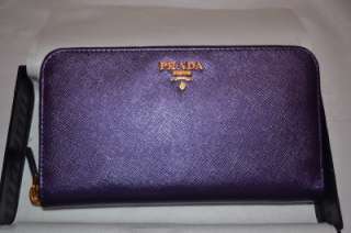 PRADA NEW Saffiano Continental Zip Around Clutch Wallet Metallic 