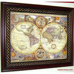  Antique Map of the World Reproduction, Framed 16x13 By 