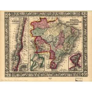   1871 Map of Brazil, Bolivia, Paraguay, Uruguay & Chili