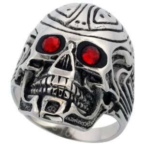com Surgical Stainless Steel Tattooed Skull Ring w/ Flaming Red Eyes 