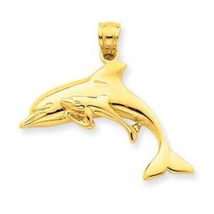  14k Yellow Gold Mother Dolphin Swimming with Baby Pendant 