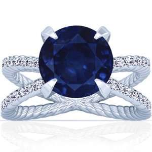    Platinum Round Cut Blue Sapphire Fana Designer Ring Jewelry