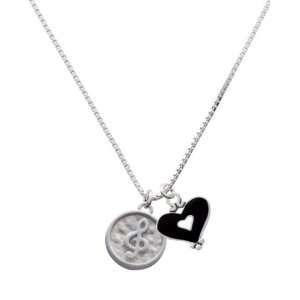 Music Clef   Round Seal and Black Heart Charm Necklace