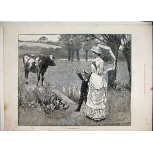  1883 Country Scene Woman Boy Cow Victorian Fine Art
