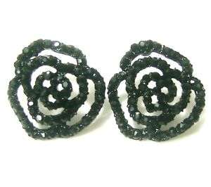 Black jet flower rose crystal rhinestone studs ear ring  