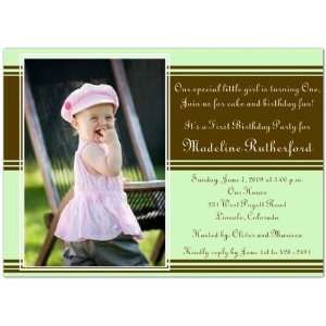 Chocolate and Mint Stripes 1st Birthday Invitations   Set 