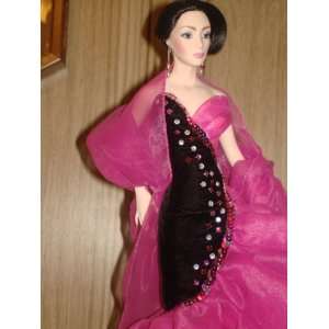  Porcelain Doll, Black and Pink Gown 