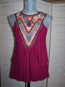 Free People Embroidered Mirrors & Beads Layered Striped Tunic Top XS 