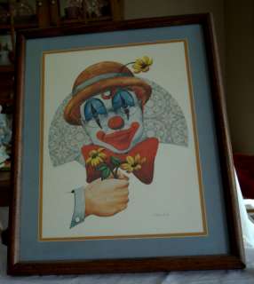Framed Art Signed Tom Wood Clown 21 x 17 Mint  