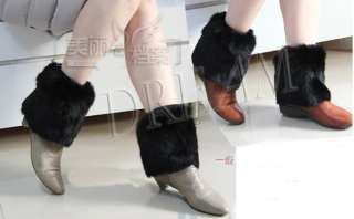 Quality New Real Genuine Rabbit Fur leg Warmer Boot Muffs Black Long 