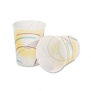   paper cups with a multi colored curved lines design.