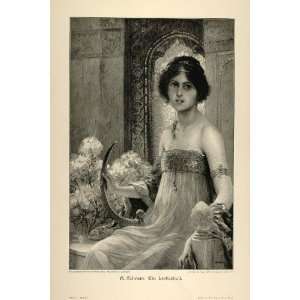  1894 Print Song Woman Lyre Harp A. Schram Engraving 