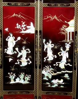 Asian Red Black Mother of Pearl Inlaid Screen Shoji Room Divider 