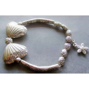  Silvertone Alloy Metal Twin Hearts Flower Beads Bracelet 