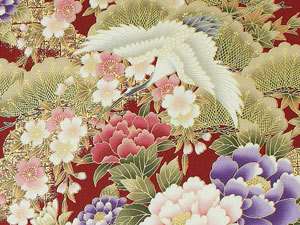 CRANES OVER FLORAL GARDEN Red Asian Japanese Fabric  