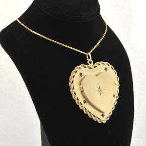 1960s Attractive Large Heart Motif 14k Gold Diamond & Emerald Locket 