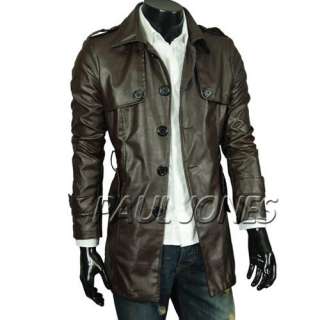   Single Breasted PU Leather Belted Trench Coat Overcoat Jacket  