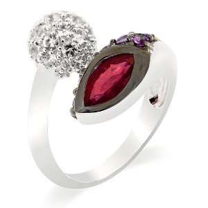 Bypass Style Rhodium Plated Sterling Silver Ring with Ruby, Amethyst 