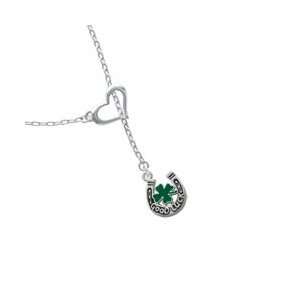  Good Luck Horseshoe with Green Four Leaf Clover Heart Lariat Charm 