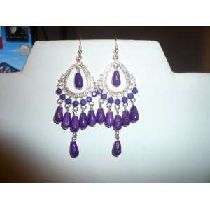  Purple Silver Beaded Indian Chandelier Dangle Earrings 