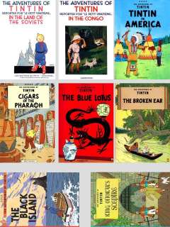 IMAGES OF THE FIRST 8 TINTIN COMIC BOOK COVERS ON MAGNETS