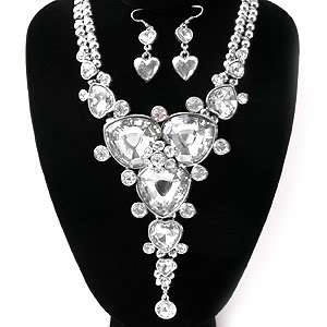 Chunky Heart Crystal Statement Bib Costume Necklace Set  