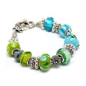 Chic Chunky Blue and Green Glass Beaded Charm Bracelet Fashion Jewelry