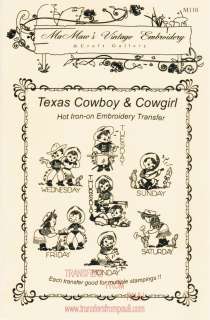 Texas Cowboy & Cowgirl for Tea Towels Hot Iron Embroidery Transfers 