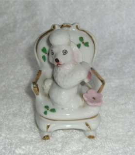 Vintage White Spaghetti Poodle Dog Sitting on Chair Pink Green  