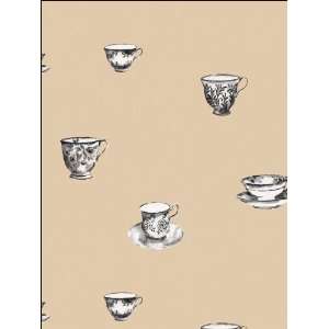  Decorative Teacups Black and White Wallpaper in Kitchen 