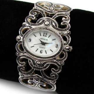 SILVER Black Ornaments Decorated MOP Dial Womens Bangle Cuff WATCH 