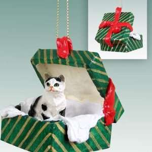    Black & White Tabby Green Gift Box Cat Ornament