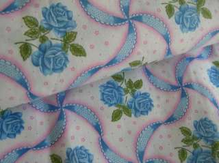 Vintage PINK SHADED BLUE ROSE & RIBBONS Pocket Duvet Cover Fabric 